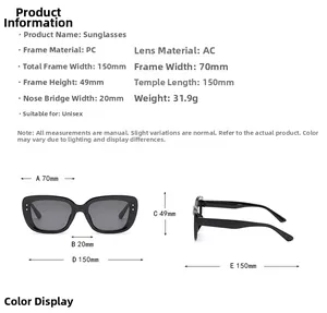 Detailed size chart for square sunglasses showing 150mm frame width and PC/AC materials