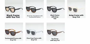 Detailed grid of seven stylish square sunglasses in various frame colors with metal rivets