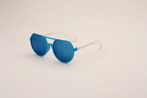 Detail view of children's blue frame sunglasses with white temples and polarized lenses