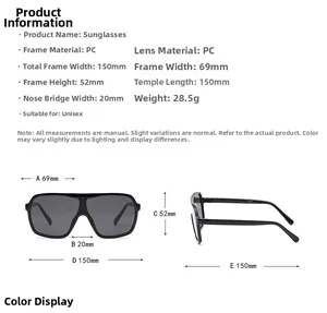 Detailed size chart for oversized PC sunglasses showing dimensions and weight for unisex fit