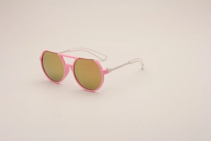 Detail view of pink and white kids sunglasses with reflective gold mirrored lenses