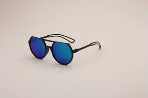 Close-up of children's double-bridge sunglasses with blue lenses and hollow temple detail