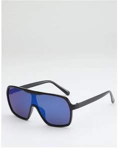 Detail view of large frame oversized sunglasses with blue mirrored shield lenses
