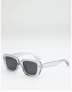 Detailed close-up of light blue transparent square sunglasses frame with grey lenses