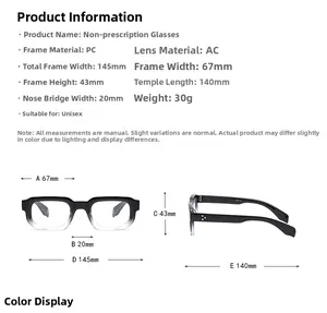 Detailed sizing guide for vintage square frames with PC and AC material dimensions