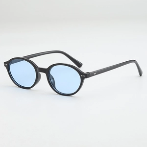 Lunettes de soleil rondes à rivets avec monture noire brillante et verres bleu clair