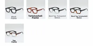 Detailed grid of retro square eyewear frames in black, tortoiseshell and gradient colors