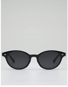 Detail der schwarzen ovalen Sonnenbrille mit rautenförmigen Metallakzenten an den Gelenken