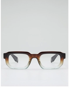 Detail view of square retro eyeglass frame with tortoiseshell to blue gradient finish