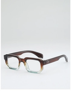 Detailed view of brown gradient retro eyeglass frames with triple metallic rivets