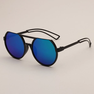 Cool cartoon themed children's sunglasses with flat top frame and blue mirrored lenses