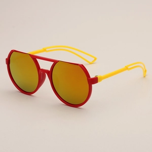 Kids sports sunglasses with red frame, yellow anti-slip legs and golden mirrored lenses