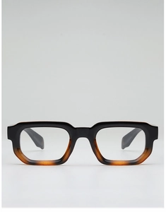 Detail shot of square retro eyeglasses frames in black and amber tortoiseshell finish