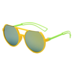 Kids round yellow sunglasses with green cutout temples and gradient mirrored lenses