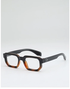 Detail view of square gradient eyeglass frames with thick temples and polished finish