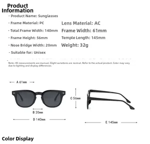 Detailed technical size chart for square frame unisex UV400 classic sunglasses