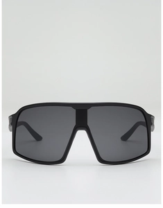 Front view of black matte oversized sports sunglasses with integrated gray UV lens