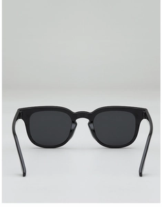 Rear view of classic square black sunglasses showing temple structure and dark lenses