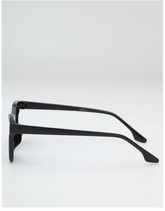 Detail view of square black sunglasses temples with clear white model CA2201 engraving