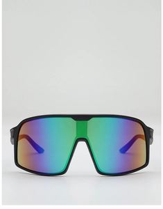 Close-up of polarized rainbow mirrored lenses on black frame sports cycling sunglasses