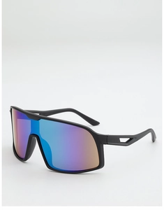 Detailed 45-degree angle of sport cycling sunglasses with rainbow gradient mirror lens