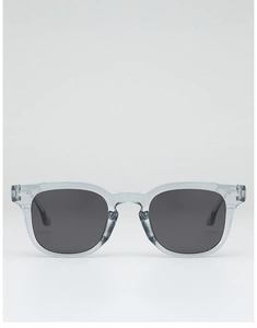Front view of light blue transparent square frame sunglasses with silver arrow rivets