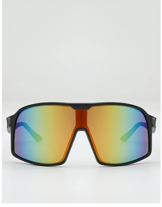 Macro detail of cycling sunglasses with rainbow mirrored lens and matte black frame