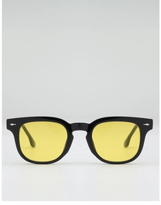Front view of square sunglasses with black frames, yellow lenses and silver rivets