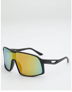 Detail of cycling glasses with orange-green gradient lens and matte black frame