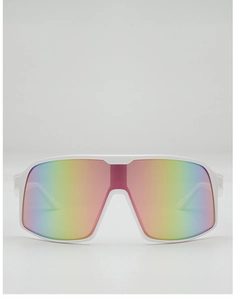 Close-up of white frame cycling glasses with large rainbow mirrored lens for sports