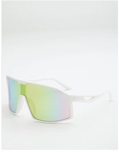 Side view of white cycling glasses with colorful gradient mirrored lenses for sports
