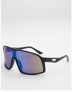 Detail of matte black cycling glasses with purple gradient lenses and hollowed-out temples
