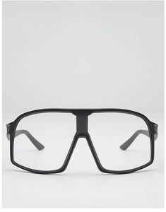 Front view of black oversized cycling sunglasses with clear lenses and matte frame