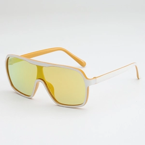 Futuristic oversized white and yellow shield sunglasses with bright yellow mirrored lenses
