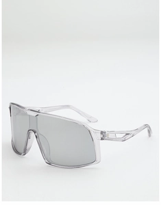 Close-up of shield sports sunglasses with clear frames and gray one-piece lenses