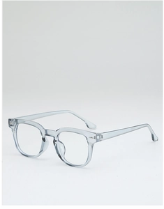 Detail view of transparent light blue square frame sunglasses with silver metal hinges