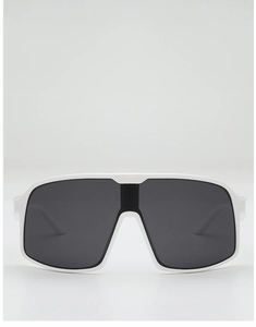 Front view of white sports sunglasses with large dark lenses and streamlined frame