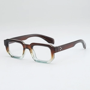 Retro square gradient brown frame glasses with triple metal rivets on the side temples