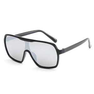 Oversized wrap-around black sunglasses with silver mirrored lenses in a futuristic style