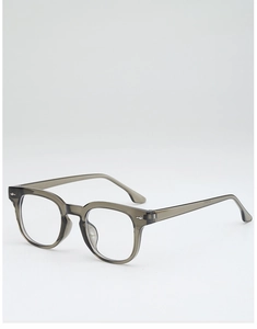 Detail of translucent gray square frame sunglasses with silver rivet accents