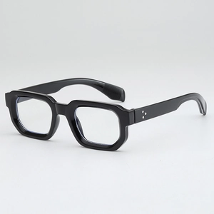 Retro square thick-frame glasses with metallic triple rivet accents and clear lenses