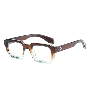 Retro brown gradient square eyeglasses frame with metallic triple rivet accents