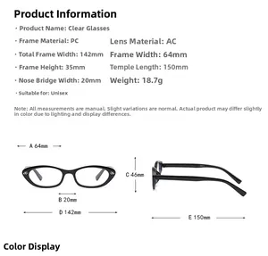Detailed size chart for retro cat eye glasses with precise frame dimensions in mm