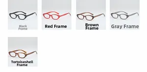 Collage of cat eye glasses frames in black, red, tea, grey, and tortoise shell