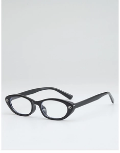 Detail of black cat-eye frames with silver ac metal accents and blue light lenses