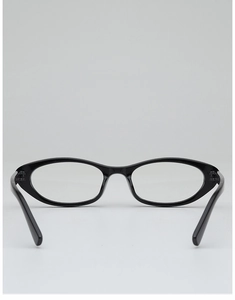 Front view of small cat-eye irregular black frame glasses with clear lenses