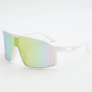 White frame sports cycling sunglasses with large colorful mirrored lens for outdoors