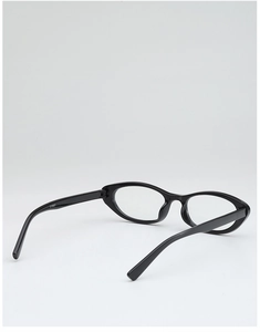 Close-up of black cat-eye glasses frame temple with CY5657 model number printing