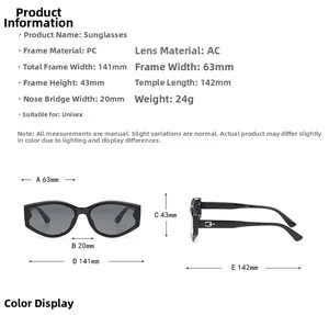 Detailed dimensions for cat-eye sunglasses including frame width and temple length