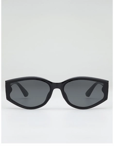 Detailed front view of black oval cat-eye sunglasses with dark grey polarized lenses